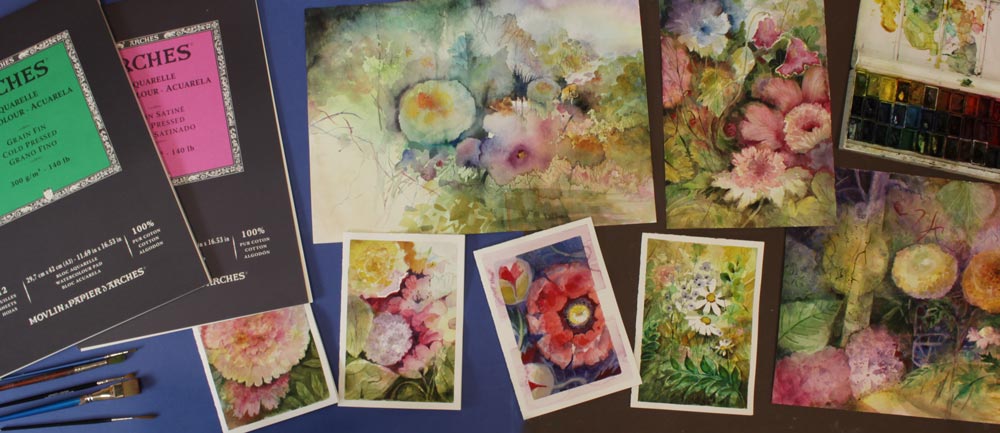 Supplies and projects of the online watercolor course Wild Garden. The teacher Päivi Eerola is a floral watercolor artist from Finland.