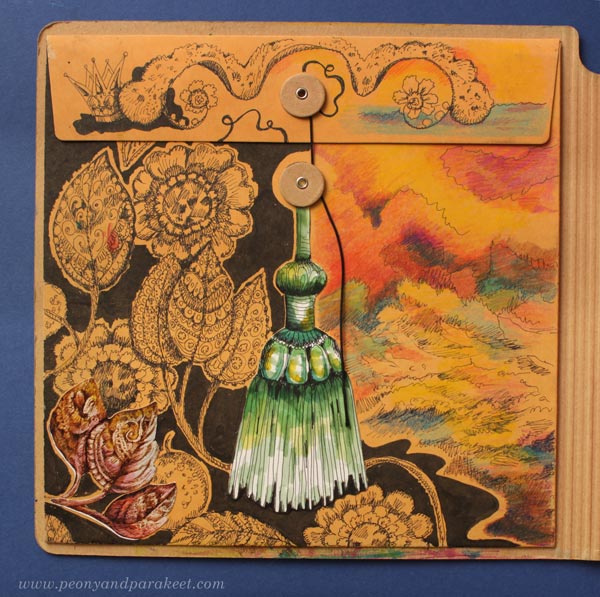 The pocket envelope of an art journal. Decorated by Päivi Eerola.