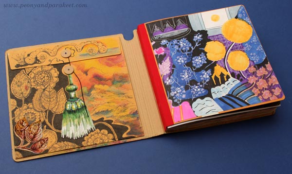 The inside cover of Dylusions Creative Journal by Päivi Eerola.