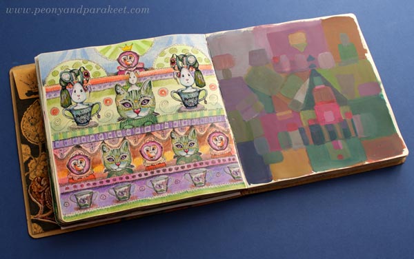 Art journal spread. Drawing and painting on Dylusions Creative Journal Square.