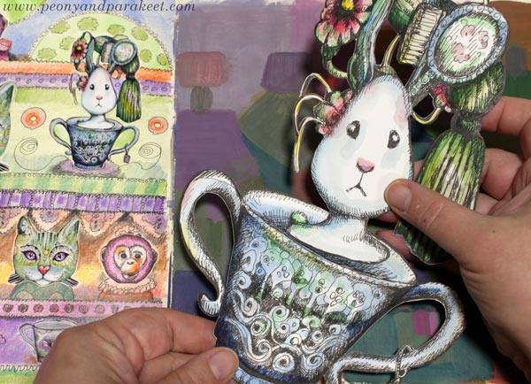 Bunny in a teapot. Drawing collage pieces.