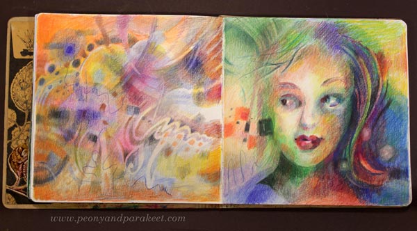 Intuitive selfie and visualized thoughts. Art journal pages by Päivi Eerola of Peony and Parakeet.