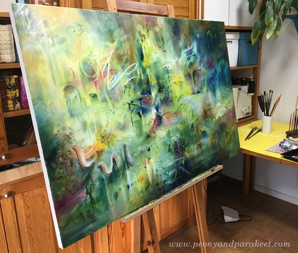 Intuitive painting in progress. Oil painting by Paivi Eerola