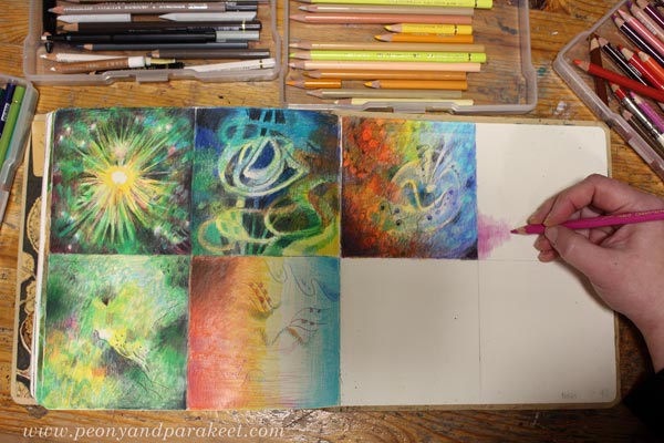 Having fun with colored pencils. Making small drawings in grid.