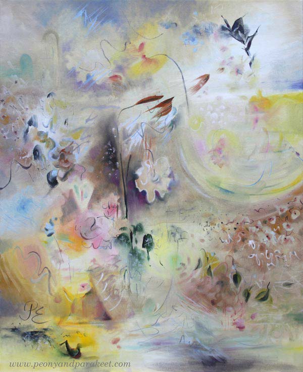 Gossamer, oil on canvas, 80 x 65 cm. A modern floral painting by Päivi Eerola, Finland.