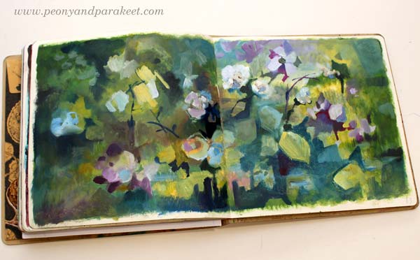 Dylusions Creative Journal Square. Modern floral painting on an art journal spread.
