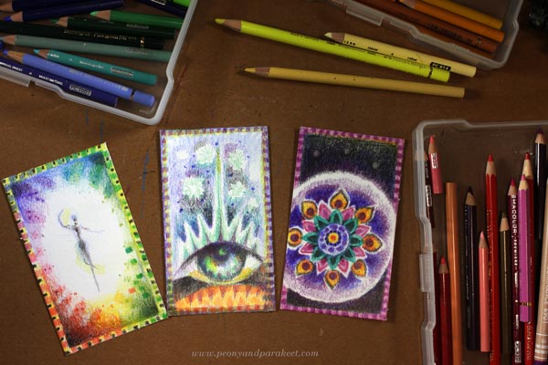 Hand-drawn Oracle/Tarot cards with colored pencils. You can draw your own cards!