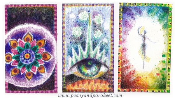 Hand-drawn Oracle cards with colored pencils. By Päivi Eerola of Peony and Parakeet.