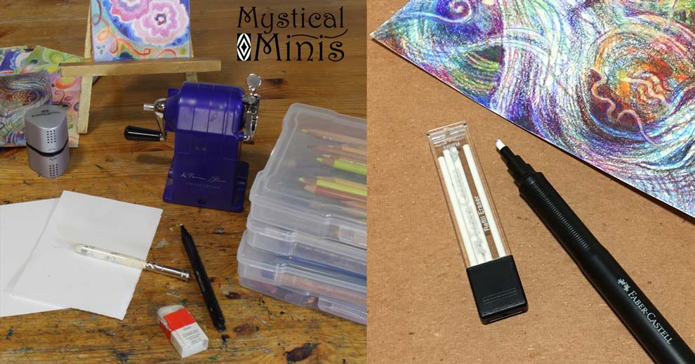 Supplies for the course Mystical Minis. Colored pencils and precision eraser pen.