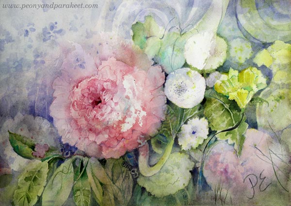 Toiveiden tuoksu - Scent of Wishes, floral watercolor painting by Päivi Eerola