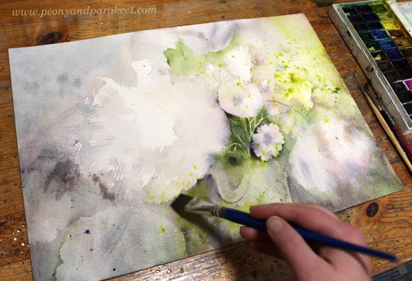 Painting flowers freely without references. Watercolor painting in progress.