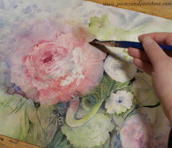 Painting translucent layers with a flat brush. Watercolor painting in progress.
