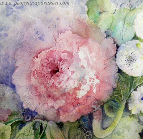 A detail of Toiveiden tuoksu - Scent of Wishes, floral watercolor painting by Päivi Eerola