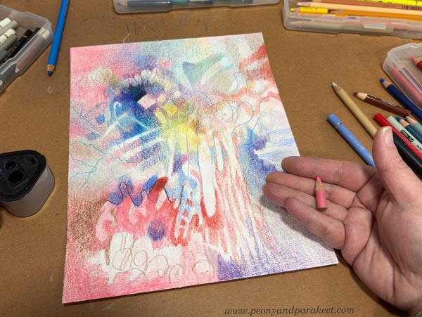 Colored pencil art in progress. Using short pencils.