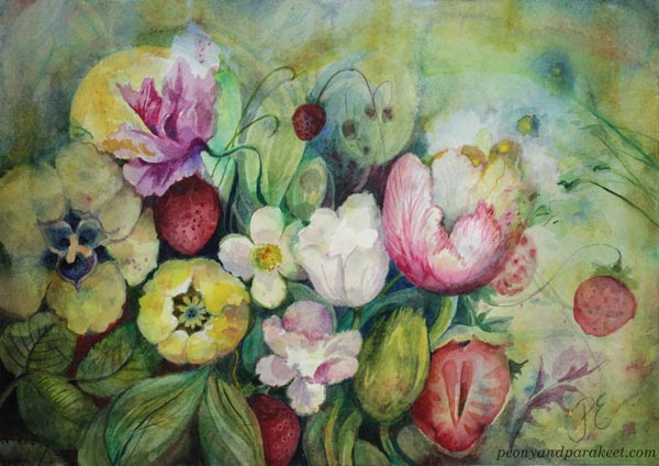 Floral watercolor painting by Paivi Eerola. Tulips and strawberries. This one is called "Taste of Memories."