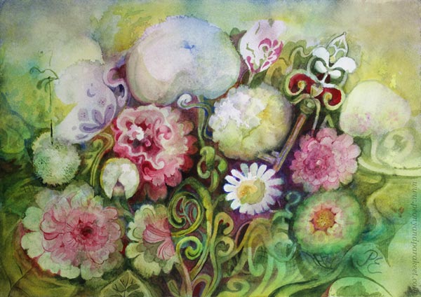 Onnen avain - Key to Happiness, ornamental watercolor painting by Paivi Eerola, FInland