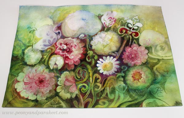 Onnen avain - Key to Happiness, a watercolor painting in ornamental style by Paivi Eerola, FInland. Ornaments are used as a tool for artistic expression.