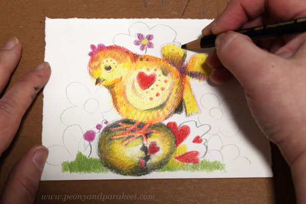 Sketching background details like flowers and coloring them with colored pencils.