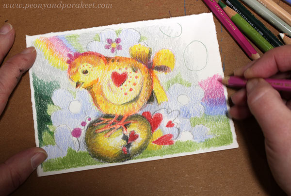 Using colored pencils for an Easter greeting.