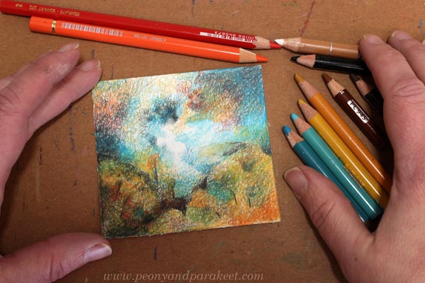Finishing a mini-scenery. The last step of the tutorial for colored pencil art.