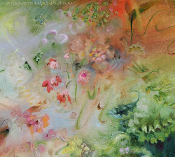 A detail of Halo, oil on canvas, floral semi-abstract painting by Päivi Eerola, Finland