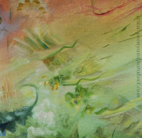 A detail of Halo, oil on canvas, floral semi-abstract painting by Päivi Eerola, Finland