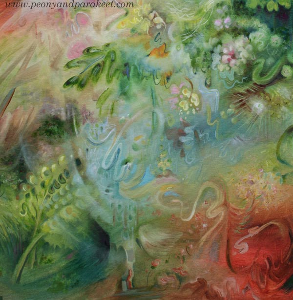 A detail of Halo, oil on canvas, floral semi-abstract painting by Päivi Eerola, Finland