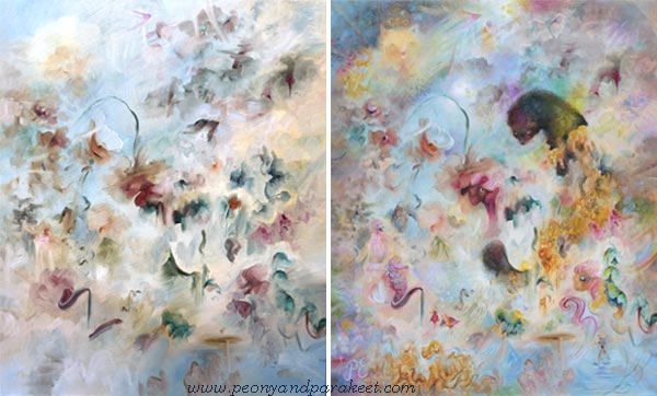 Before and after - creating an improvisational painting. Fauna by Päivi Eerola, Finland.