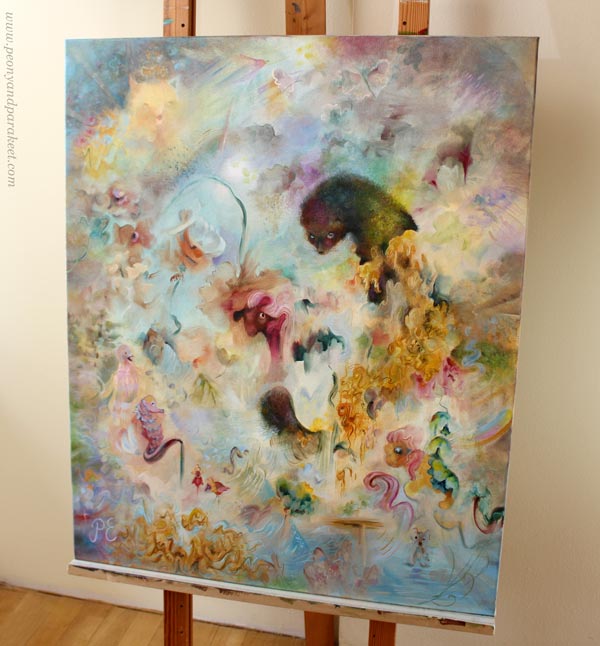 Fauna, an oil painting by Päivi Eerola. Creating playful art but still serious art.