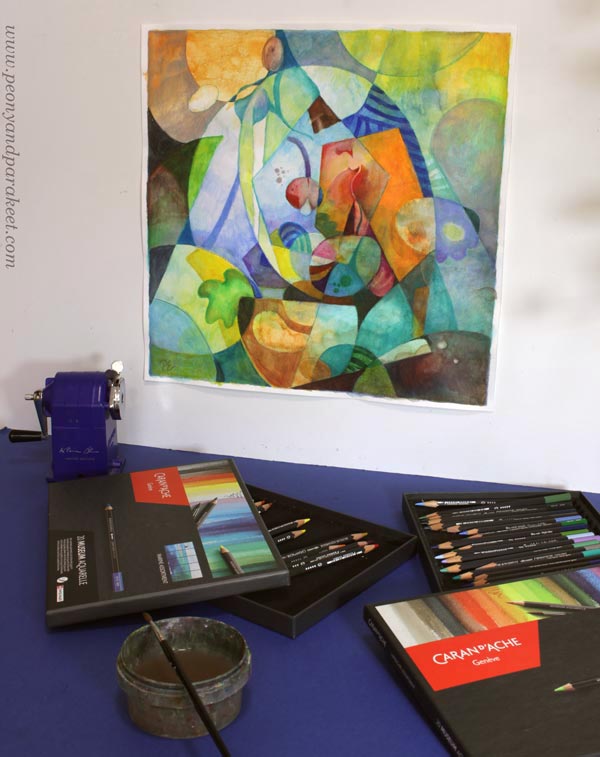 Creating abstract art in a modernistic style. Using Caran d'Ache Museum Acquarelle watercolor pencils.