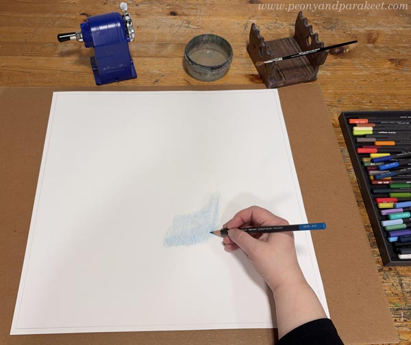 Starting a drawing with watercolor pencils - supplies.