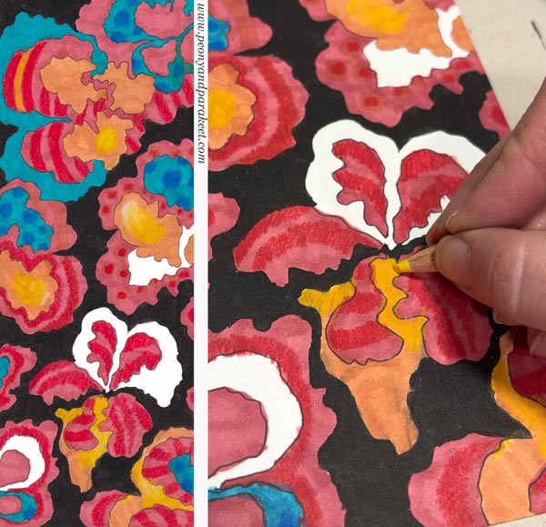 Draw patterned papers. Making a bold design. Using colored pencils to add variation to the colors.