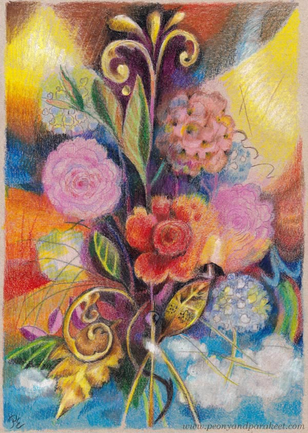 Flowers Above the Clouds - Colored pencil drawing by Päivi Eerola
