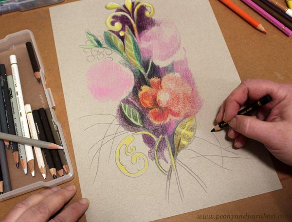 Colored pencil flower drawing in progress. Coloring freely without reference photos. Answering to three questions about your art.