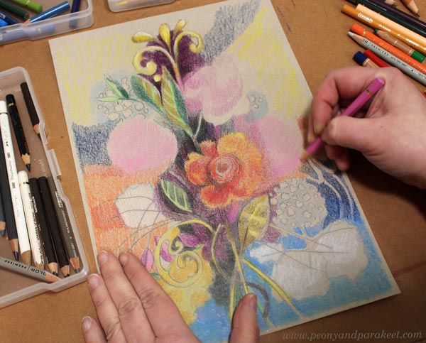 Colored pencil drawing with flowers and ornaments in progress. Free expression.