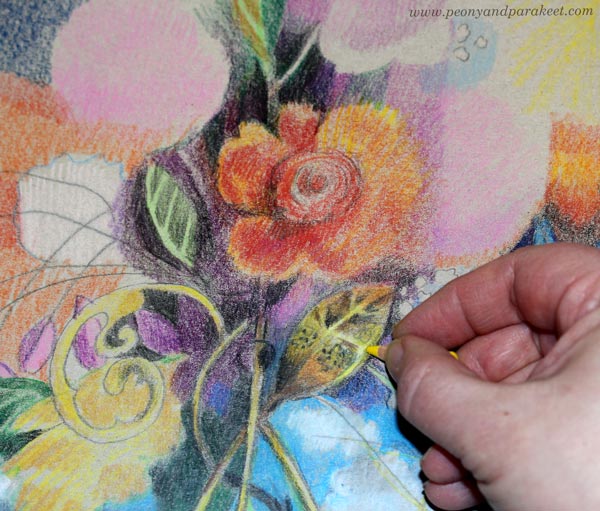 Adding details with colored pencils.
