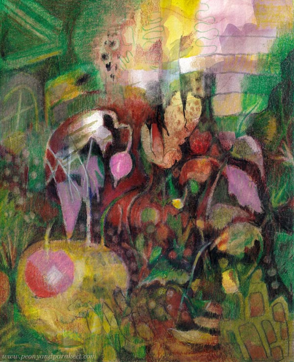 Artistic drawing with watercolors and colored pencils