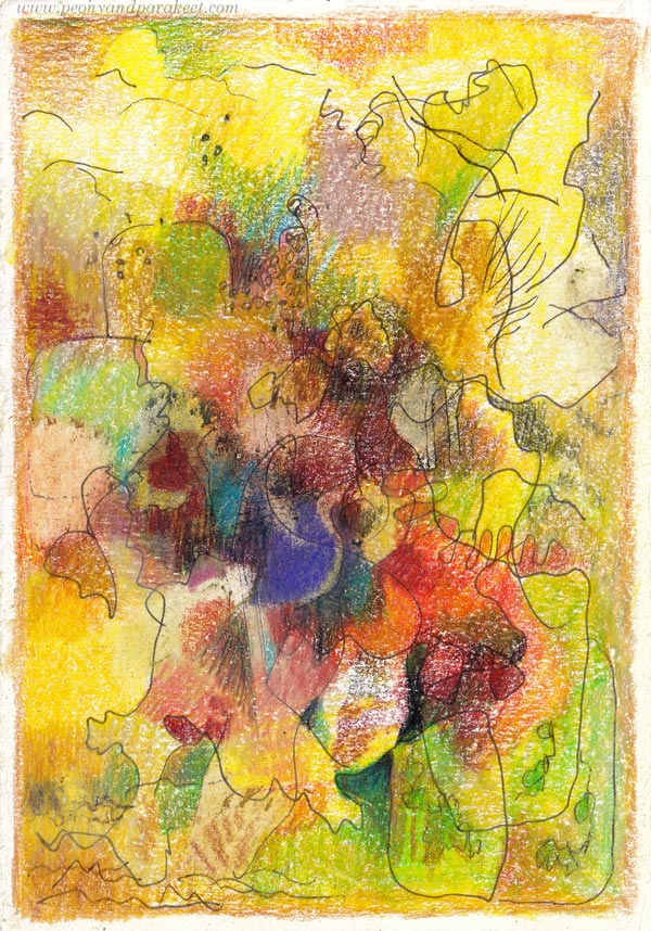 A small artistic line drawing with a pen and colored pencils
