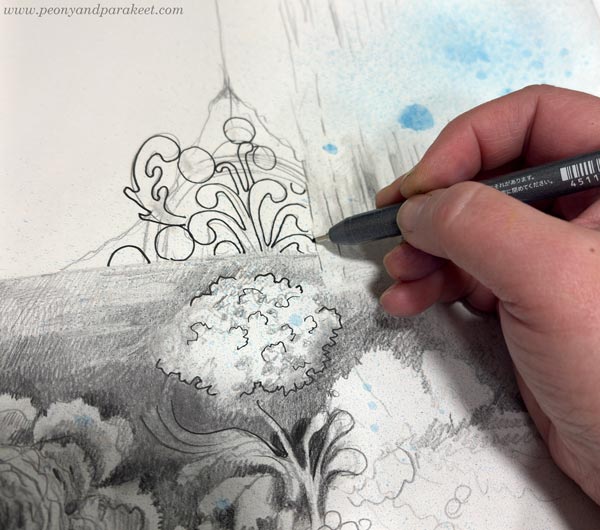 Working with both ink pens and graphite pencils. Copic drawing pen.