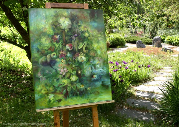 Ikigai, a painting in the Japanese garden. The painting is by Päivi Eerola.