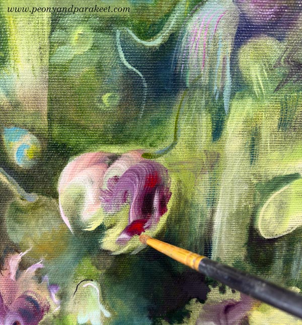 Abstract floral painting in progress.