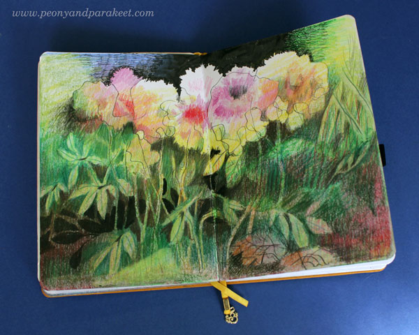Dramatic peonies. A spread in an Archer & Olive notebook, size A5. By Päivi Eerola of Peony and Parakeet.