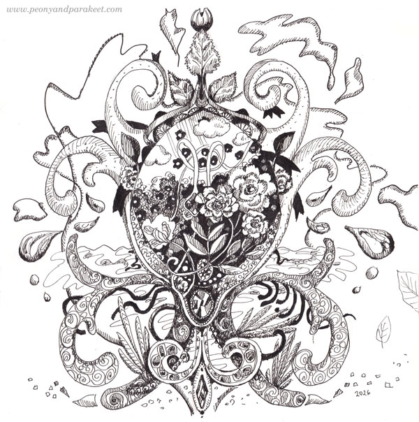 Summer ornament, black ink drawing by Päivi Eerola, Finland.