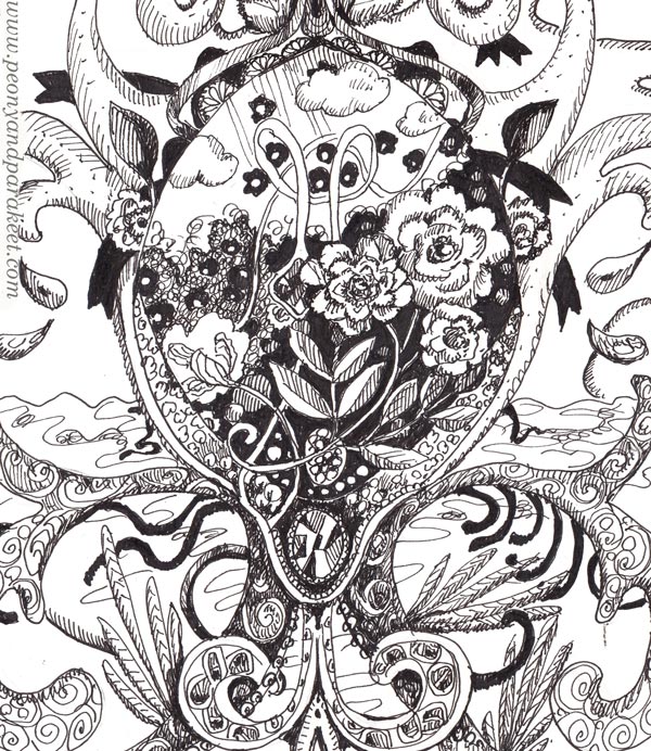A detail of a hand-drawn black and white summer-themed ornament.