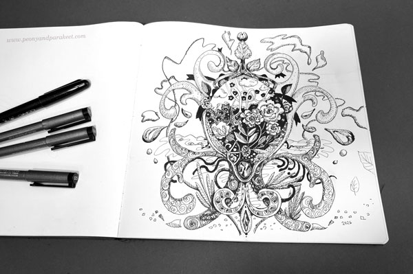 Copic markers and Gasenfude brush pen with a finished ornamental drawing by Päivi Eerola, Finland.