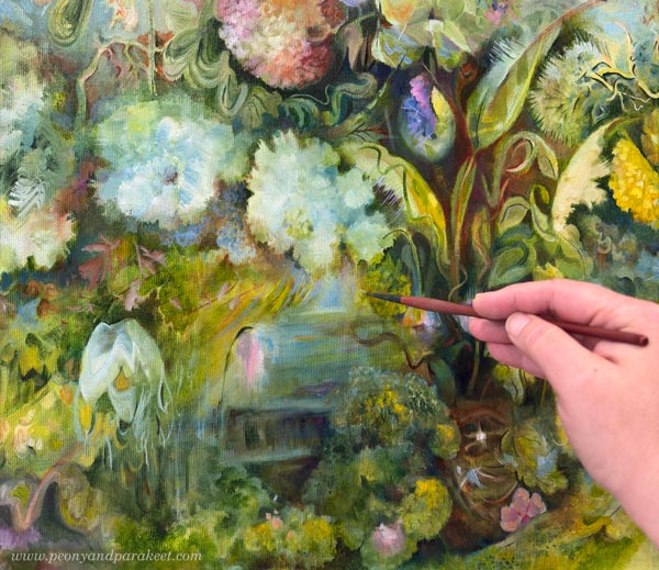 Floral abstract oil painting in progress. By Päivi Eerola, Finland