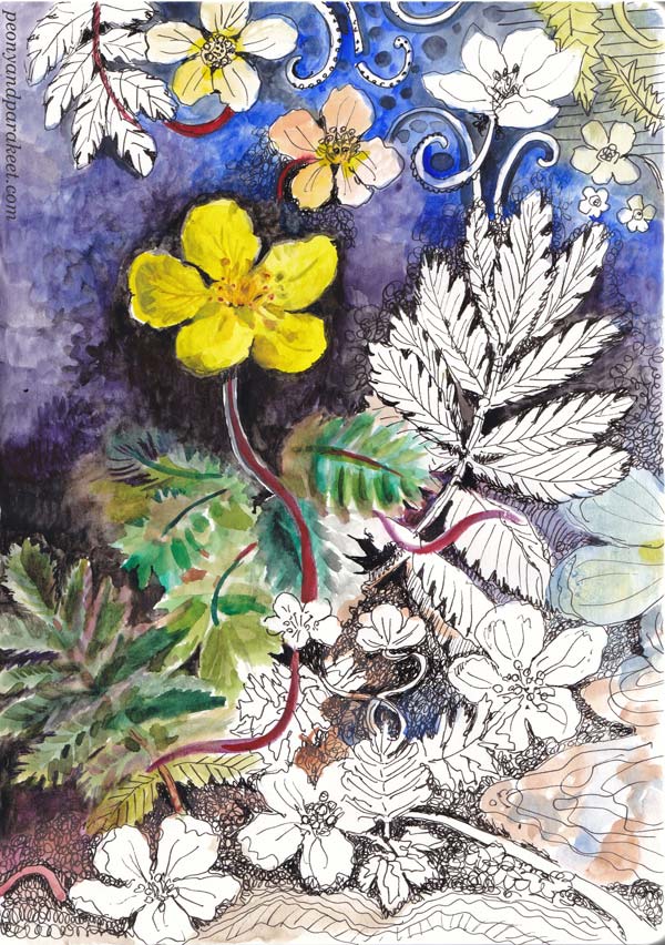 Combining watercolors and fineliner pens. Drawing in progress.