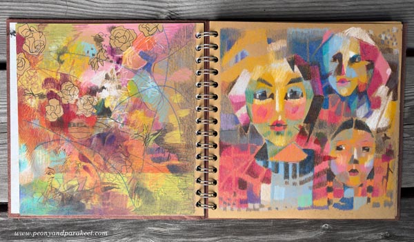 Art journal spread with both new art and old art. Make your journal new again by filling the empty space!