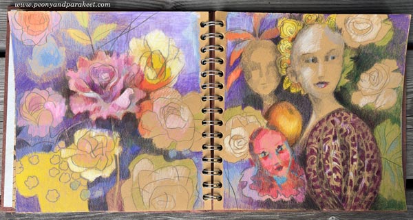 Art journal spread with flowers and faces.