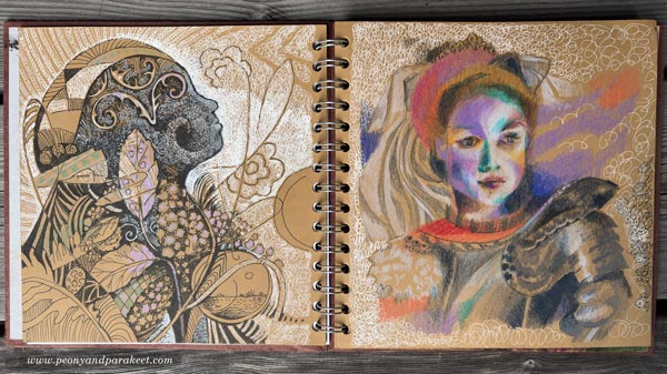Art journal spread with art from different years. Gel pens and colored pencils.